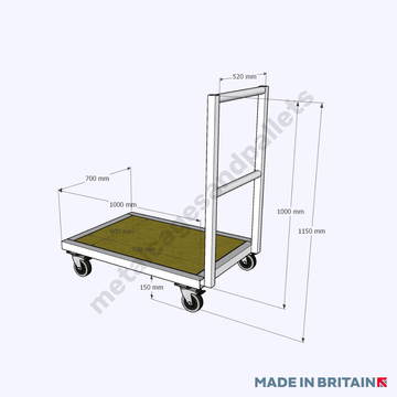 Technical drawing of heavy duty platform truck stillage with castor wheels.